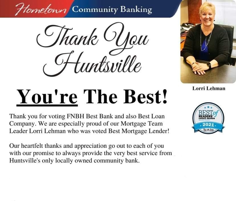 Thank you Huntsville and photo of mortgage loan officer